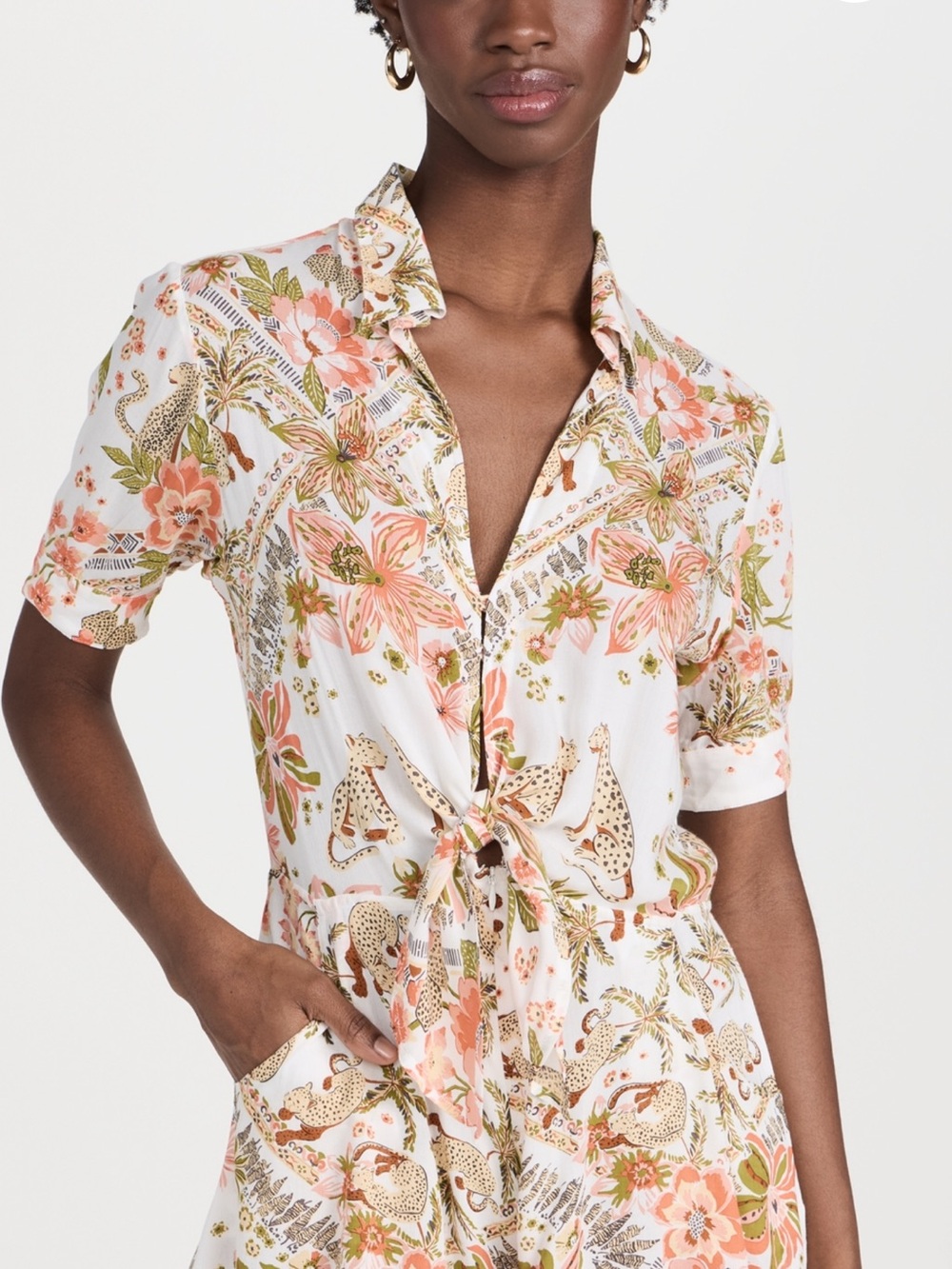 Floral Tie-Front Short Sleeve Top - White/Pink